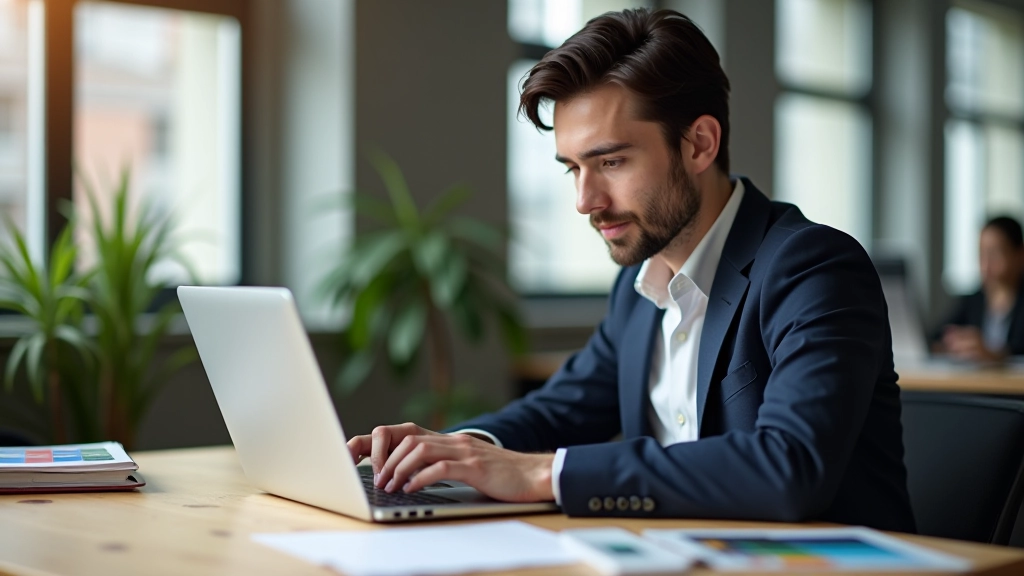 Modern workspace showing designer working on balanced layout composition with color swatches and typography samples