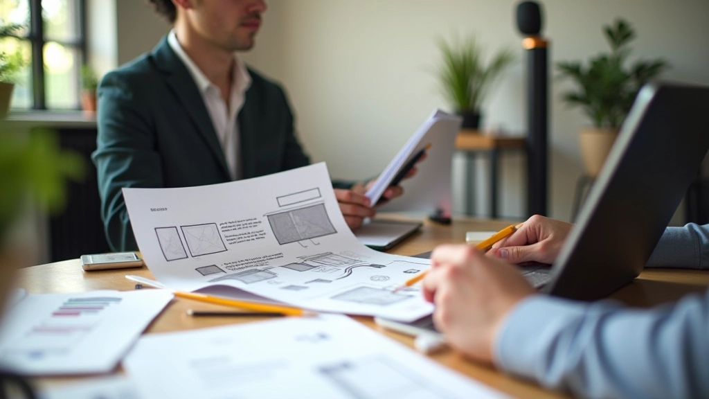 Designer working on a computer with layout sketches and wireframes spread across a desk