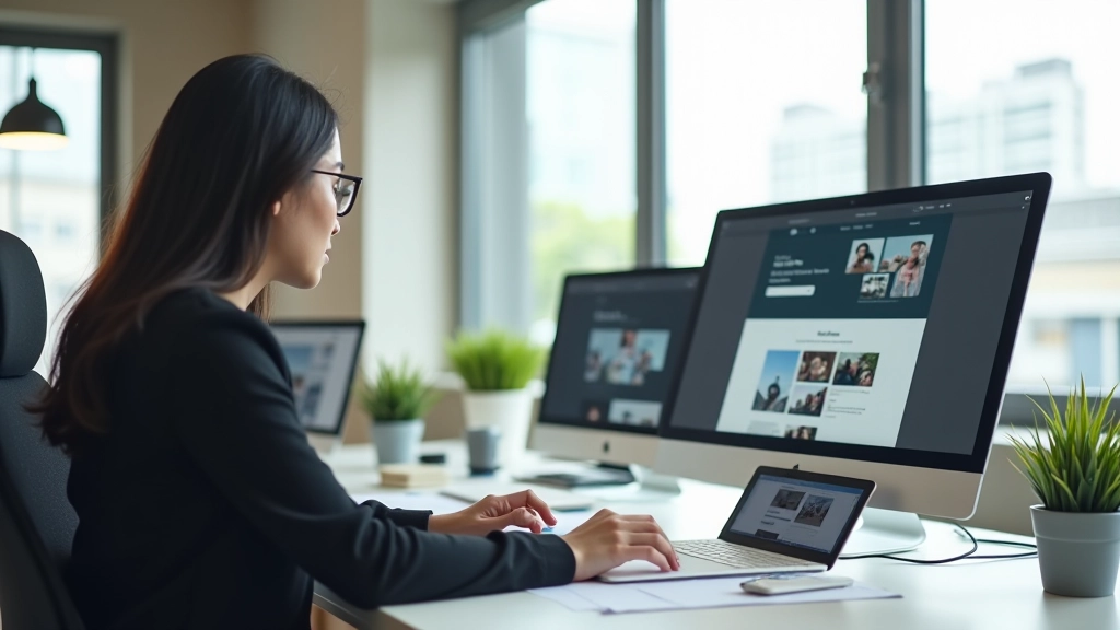 Modern website designer working on layout composition at a clean workspace