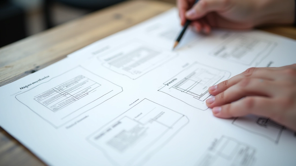 Website wireframes and grid layouts sketched on paper with design tools