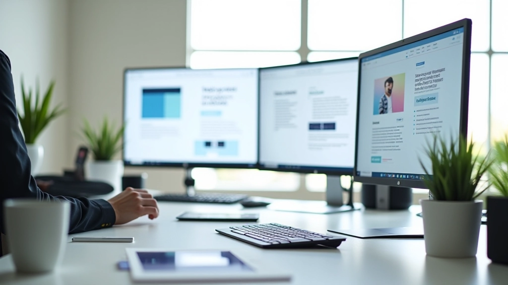 Professional web design workspace with multiple screens showing grid layouts and design composition